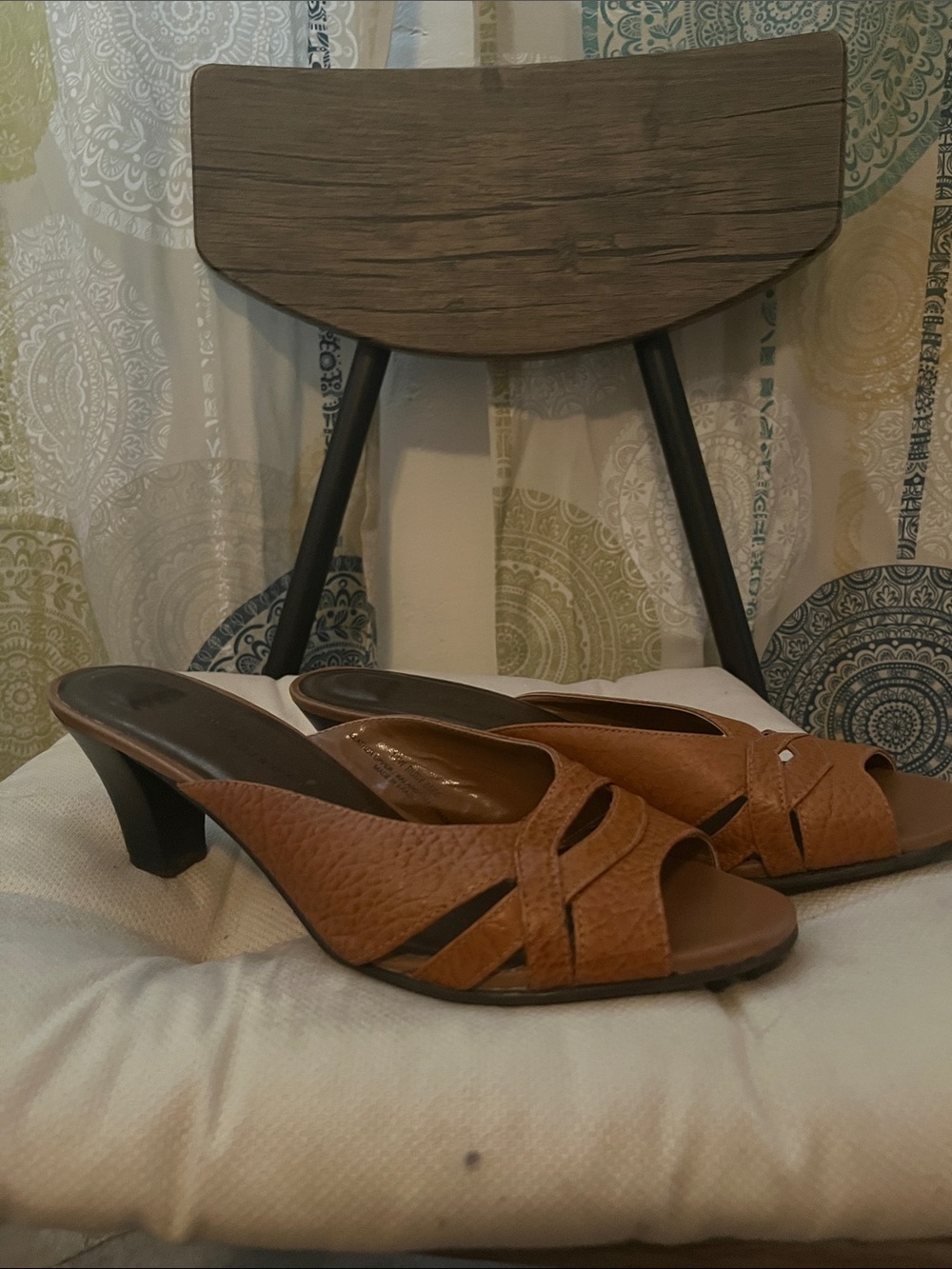 Woman Within Tan Open-Toe Leather Heeled Mules